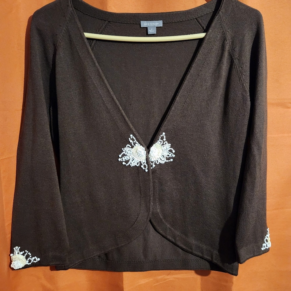 Small, Ann Taylor, Brown Shrug with White Embroidery